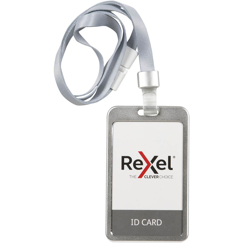 Image for REXEL ID CARD HOLDER WITH LANYARD PORTRAIT ALUMINIUM SILVER from Mitronics Corporation