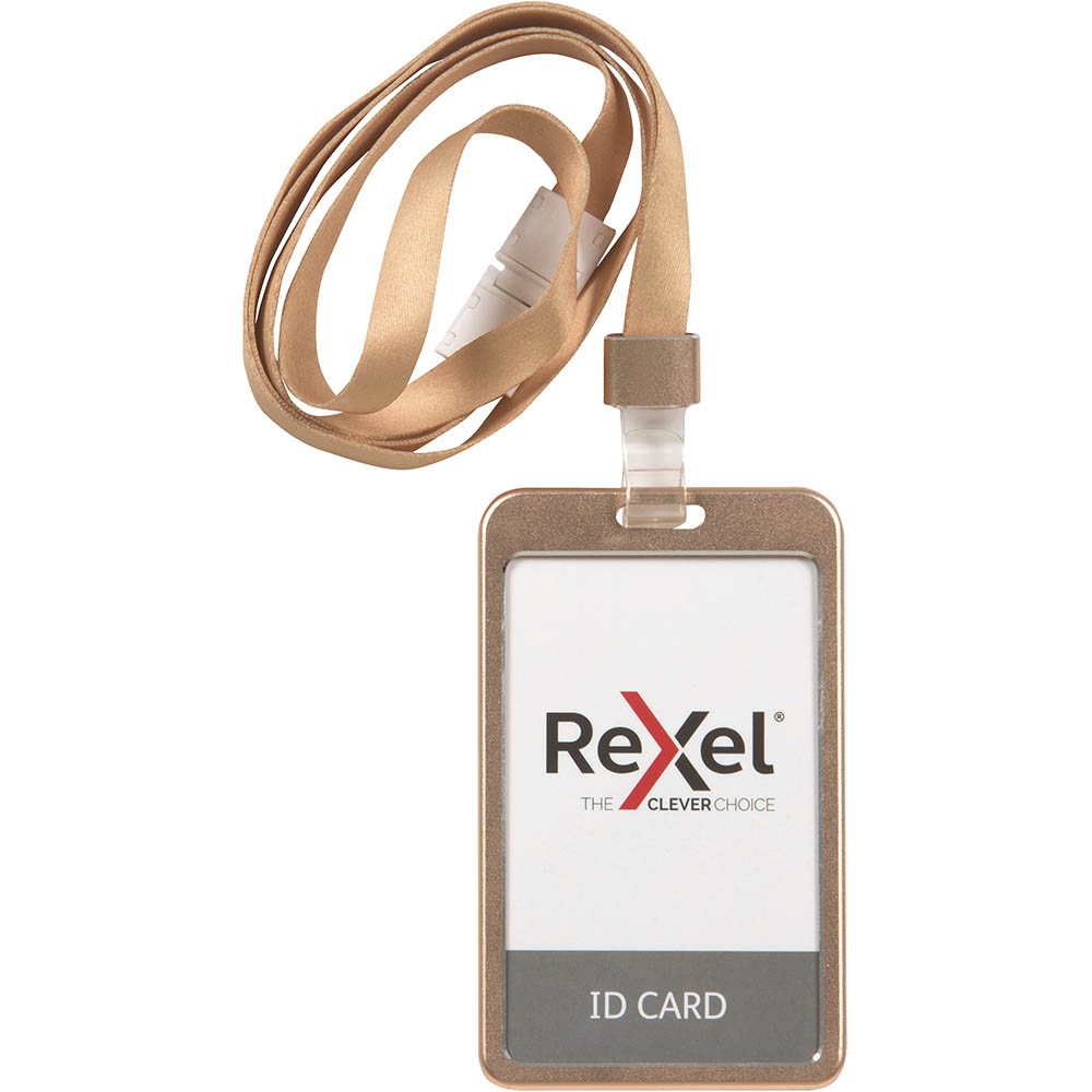 Image for REXEL ID CARD HOLDER WITH LANYARD PORTRAIT ALUMINIUM ROSE GOLD from Mitronics Corporation