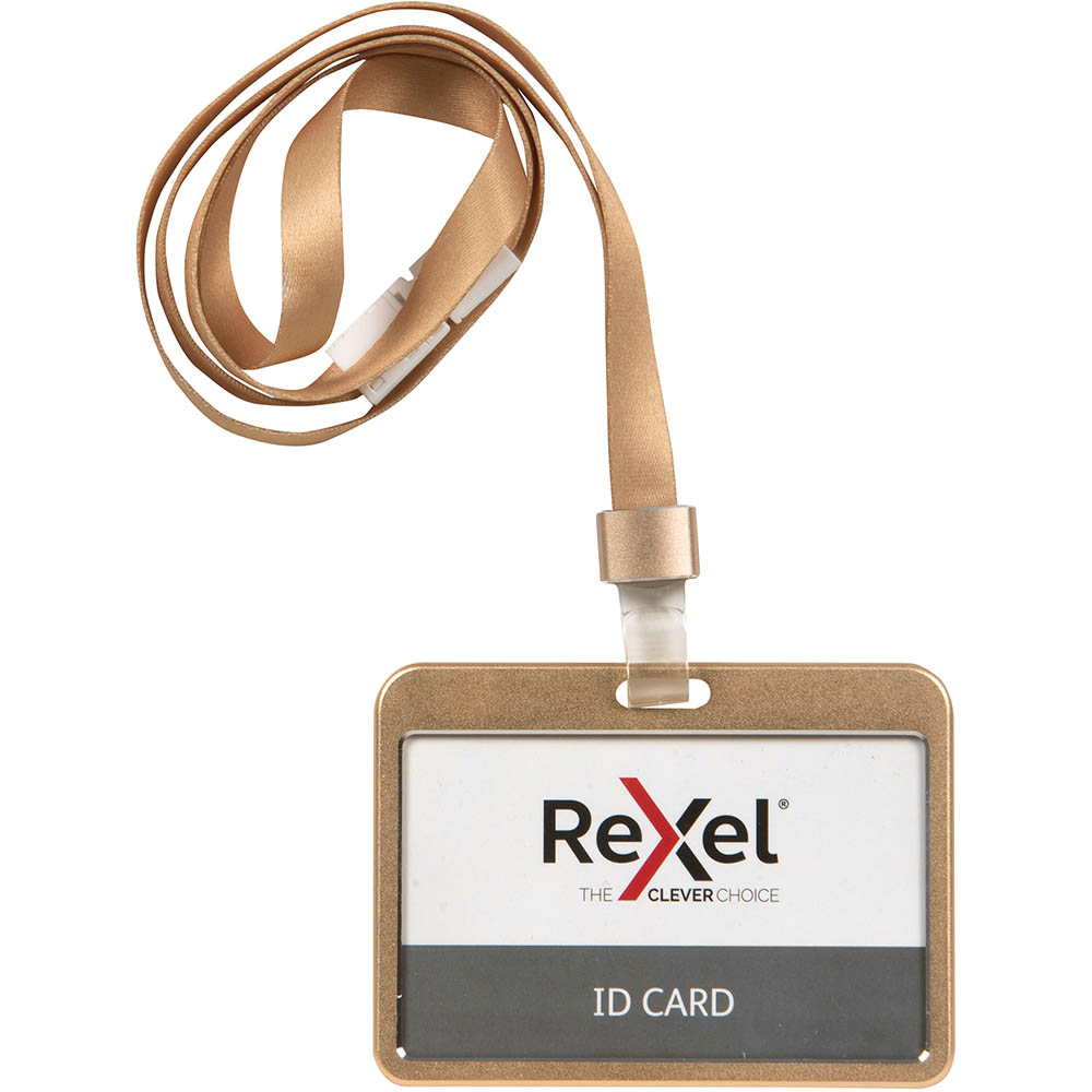 Image for REXEL ID CARD HOLDER WITH LANYARD LANDSCAPE ALUMINIUM ROSE GOLD from Office Heaven