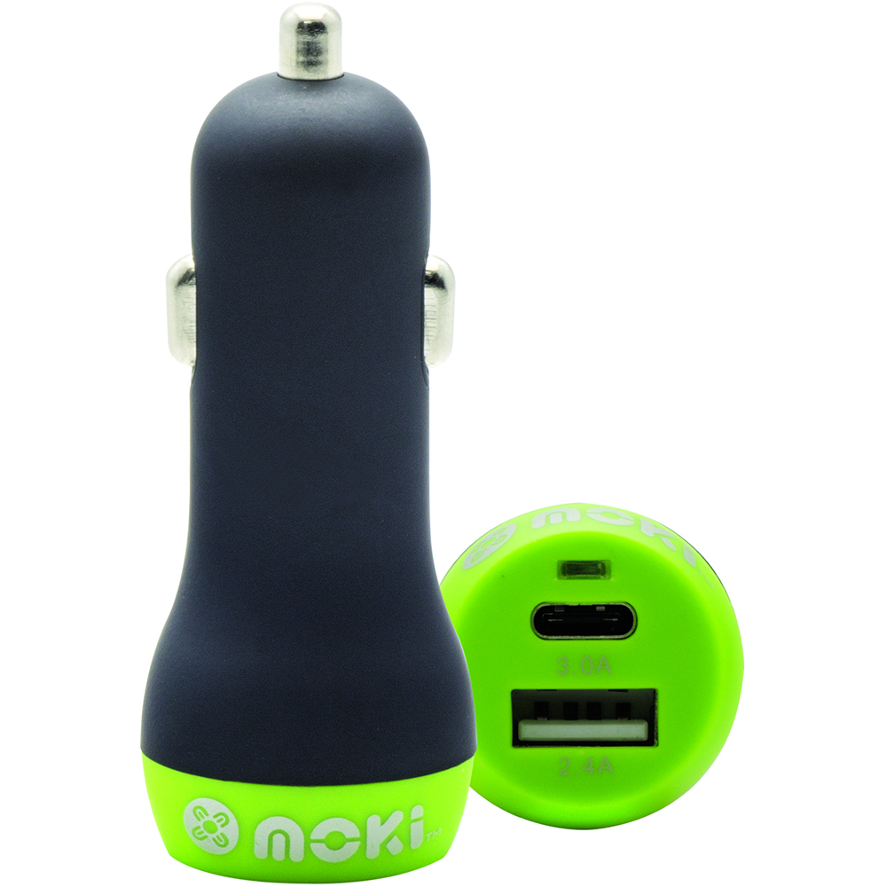 Image for MOKI CAR CHARGER+ USB-A AND USB-C 3.0 BLACK from Clipboard Stationers & Art Supplies