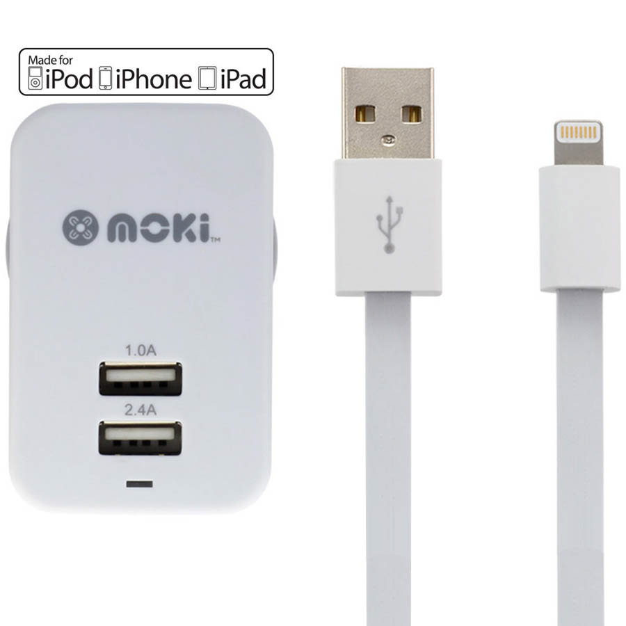 Image for MOKI WALL CHARGER AND SYNCHARGE CABLE USB-A TO LIGHTNING 150MM WHITE from Mercury Business Supplies