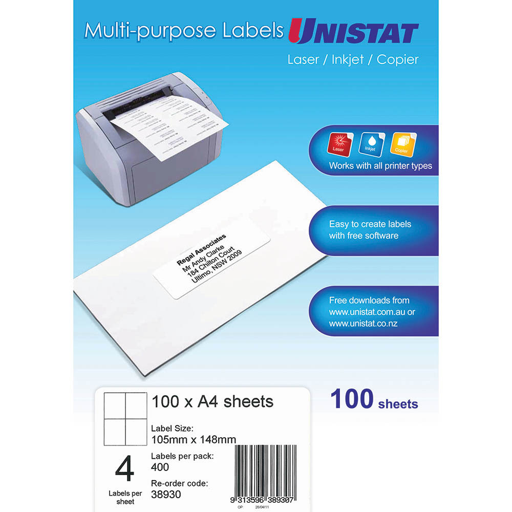 Image for UNISTAT 38930 MULTI-PURPOSE LABEL 4UP 105 X 148MM WHITE PACK 100 from Mitronics Corporation