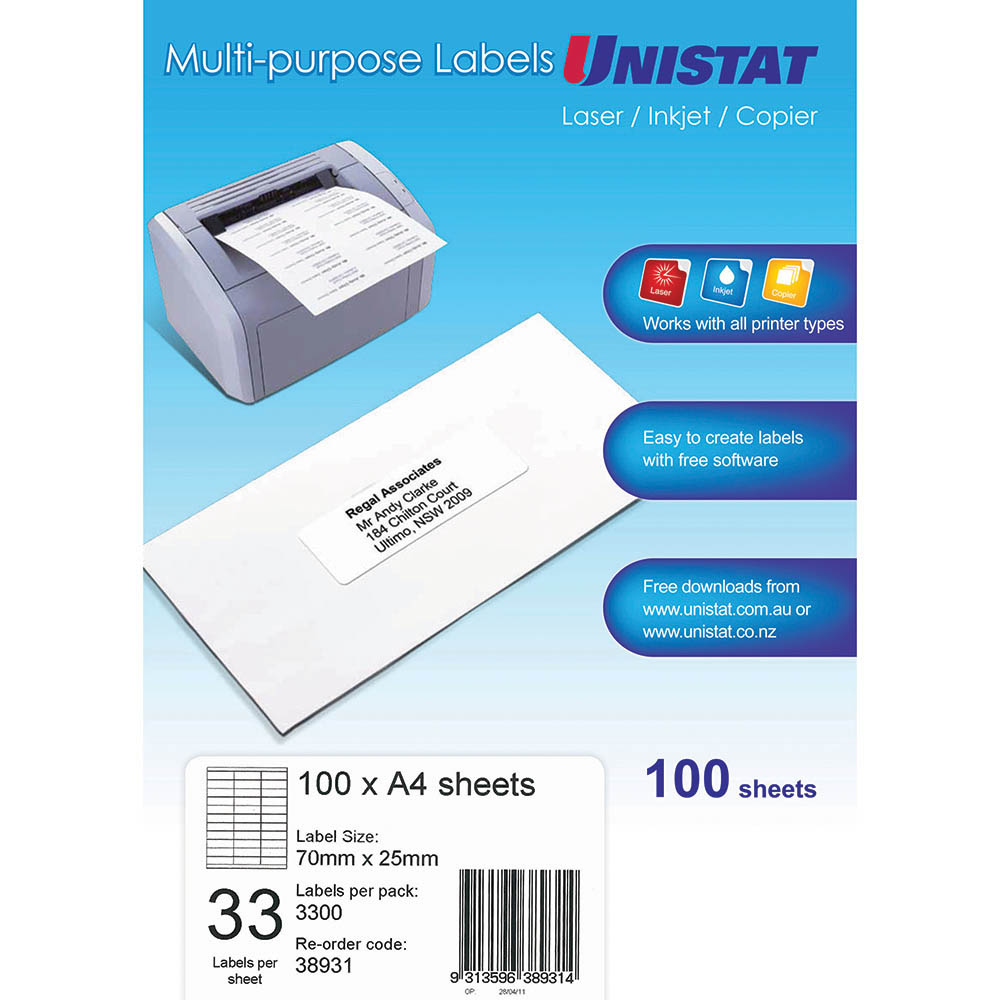 Image for UNISTAT 38931 MULTI-PURPOSE LABEL 33UP 70 X 25MM WHITE PACK 100 from Prime Office Supplies