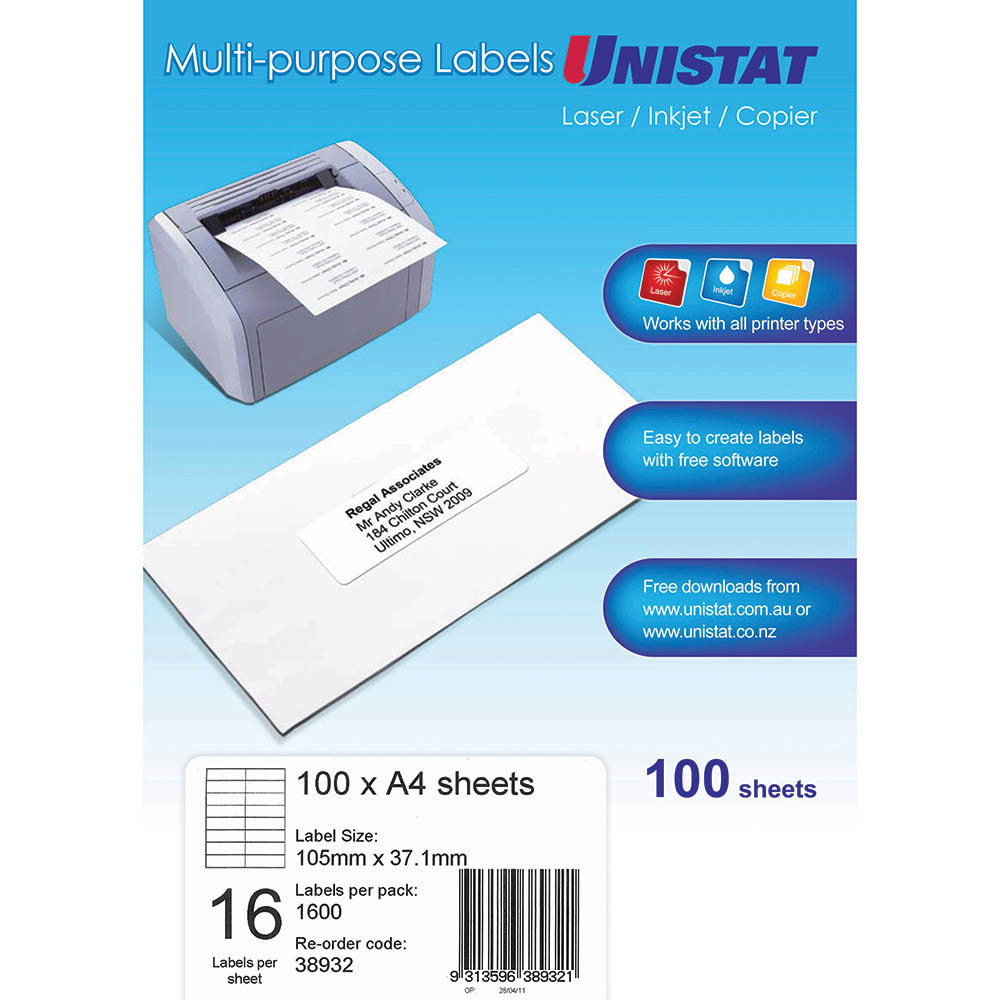 Image for UNISTAT 38932 MULTI-PURPOSE LABEL 16UP 105 X 37MM WHITE PACK 100 from Memo Office and Art