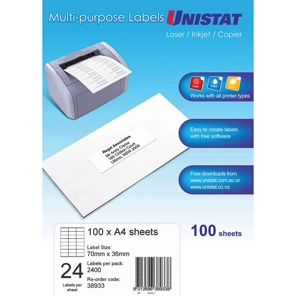 Image for UNISTAT 38933 MULTI-PURPOSE LABELS 24UP 70 X 36MM WHITE PACK 100 from Mitronics Corporation