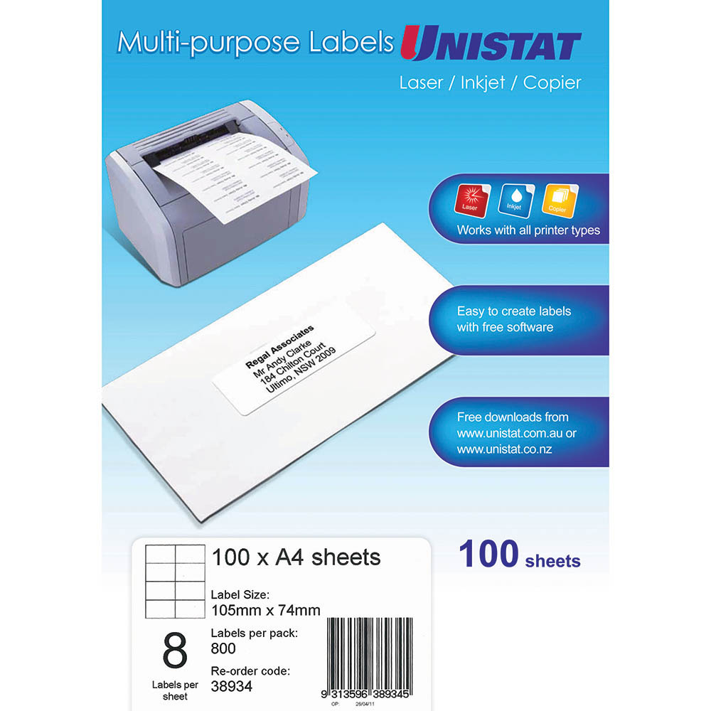 Image for UNISTAT 38934 MULTI-PURPOSE LABEL 8UP 105 X 74MM WHITE PACK 100 from Office Heaven