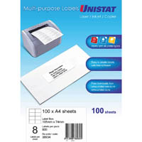 unistat 38934 multi-purpose label 8up 105 x 74mm white pack 100