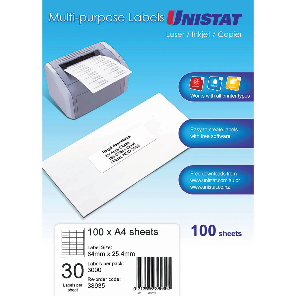 Image for UNISTAT 38935 MULTI-PURPOSE LABEL 30UP 64 X 25.4MM WHITE PACK 100 from Prime Office Supplies