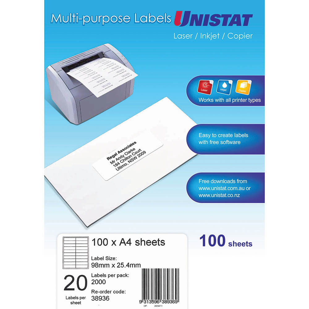 Image for UNISTAT 38936 MULTI-PURPOSE LABEL 20UP 98 X 25.4MM WHITE PACK 100 from York Stationers