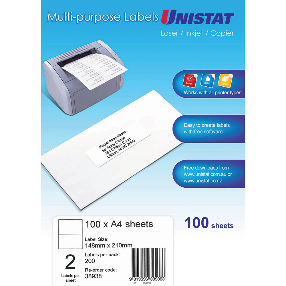 Image for UNISTAT 38938 MULTI-PURPOSE LABEL 2UP 148 X 210MM WHITE PACK 100 from Office Heaven