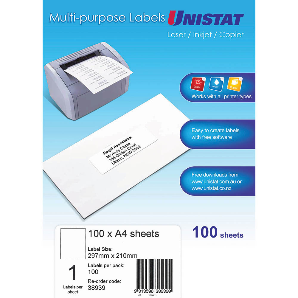 Image for UNISTAT 38939 MULTI-PURPOSE LABEL 1UP 297 X 210MM WHITE PACK 100 from Clipboard Stationers & Art Supplies