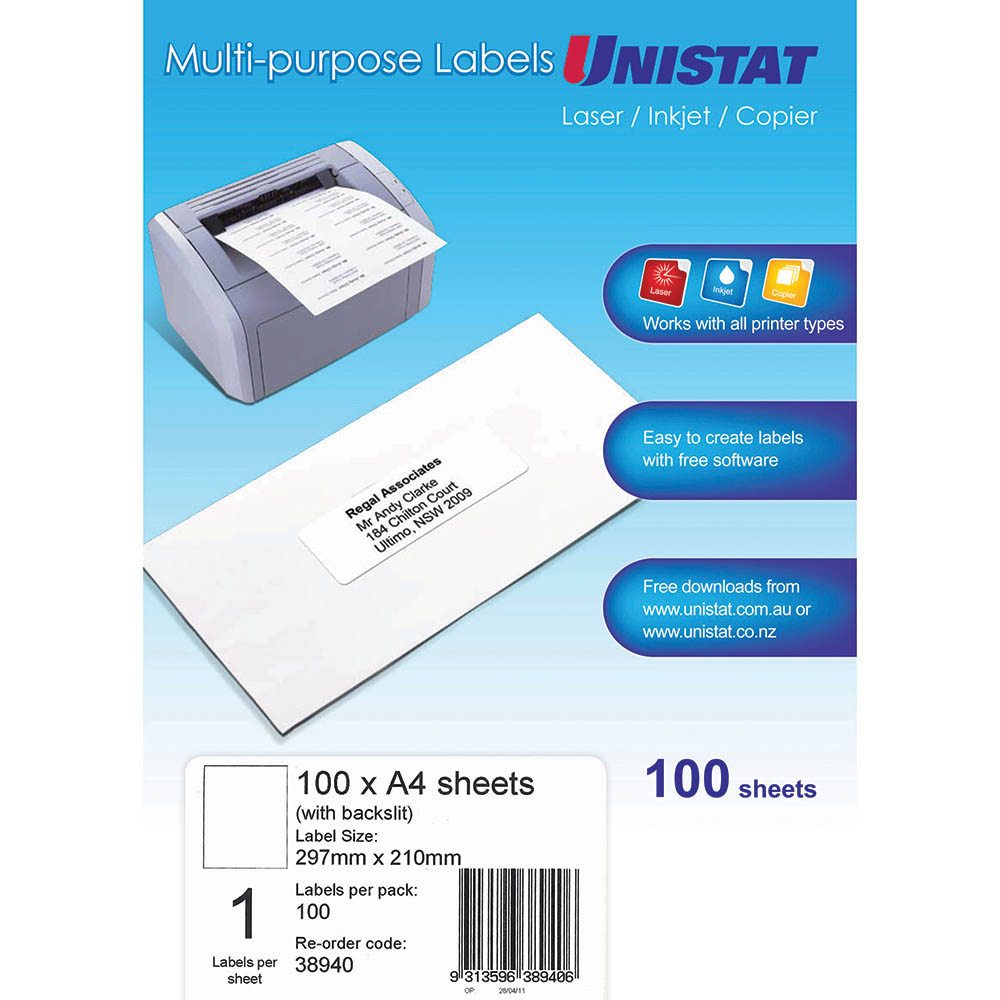 Image for UNISTAT 38940 MULTI-PURPOSE LABEL 1UP 297 X 210MM WHITE PACK 100 from Prime Office Supplies