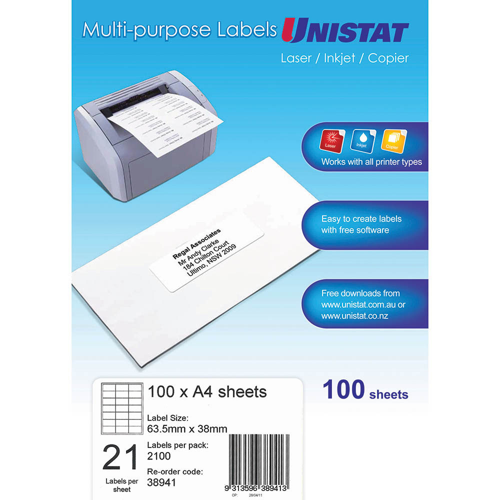 UNISTAT 38941 MULTI-PURPOSE LABEL 21UP 63.5 X 38MM WHITE PACK 100 |  | 7022005
