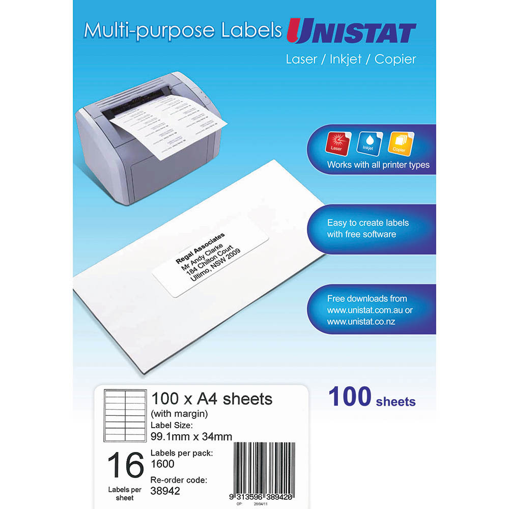 Image for UNISTAT 38942 MULTI-PURPOSE LABEL 16UP 99 X 34MM WHITE PACK 100 from Mercury Business Supplies