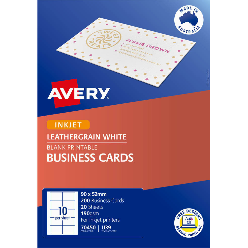 AVERY 70450 IJ39 LEATHERGRAIN BUSINESS CARD 200GSM 90 X 52MM WHITE PACK 200 |  | 7003231