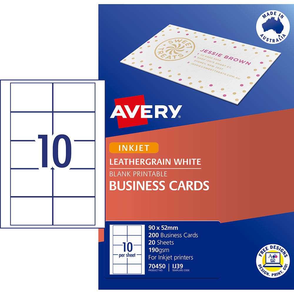 AVERY 70450 IJ39 LEATHERGRAIN BUSINESS CARD 200GSM 90 X 52MM WHITE PACK 200 |  | 7003231