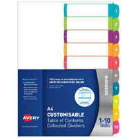 avery 922004 l7411-10 customisable table of contents coloured divider 1-10 tab a4