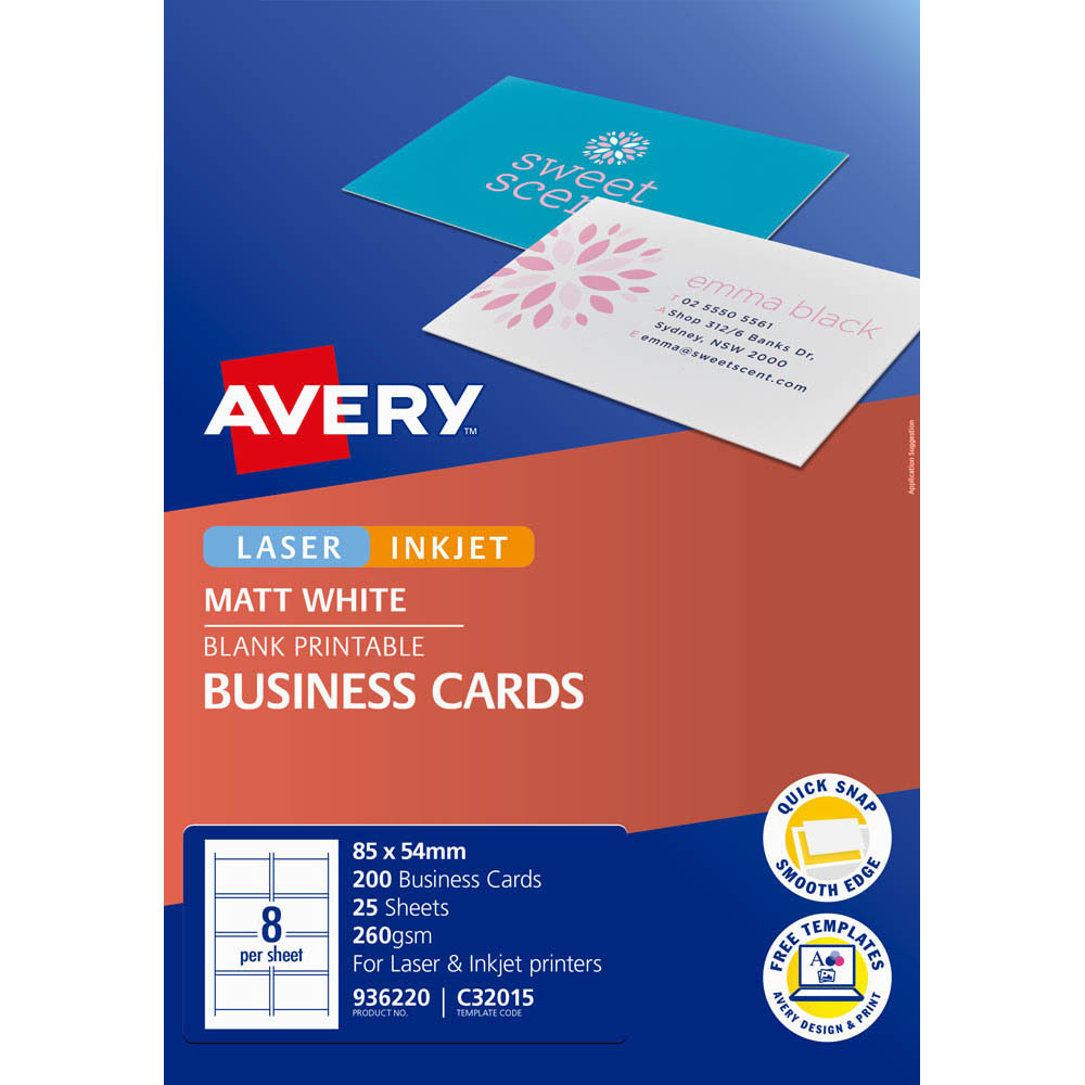 AVERY 936220 C32015 QUICK AND CLEAN BUSINESS CARDS INKJET MATT 250GSM PACK 200 |  | 7008530i