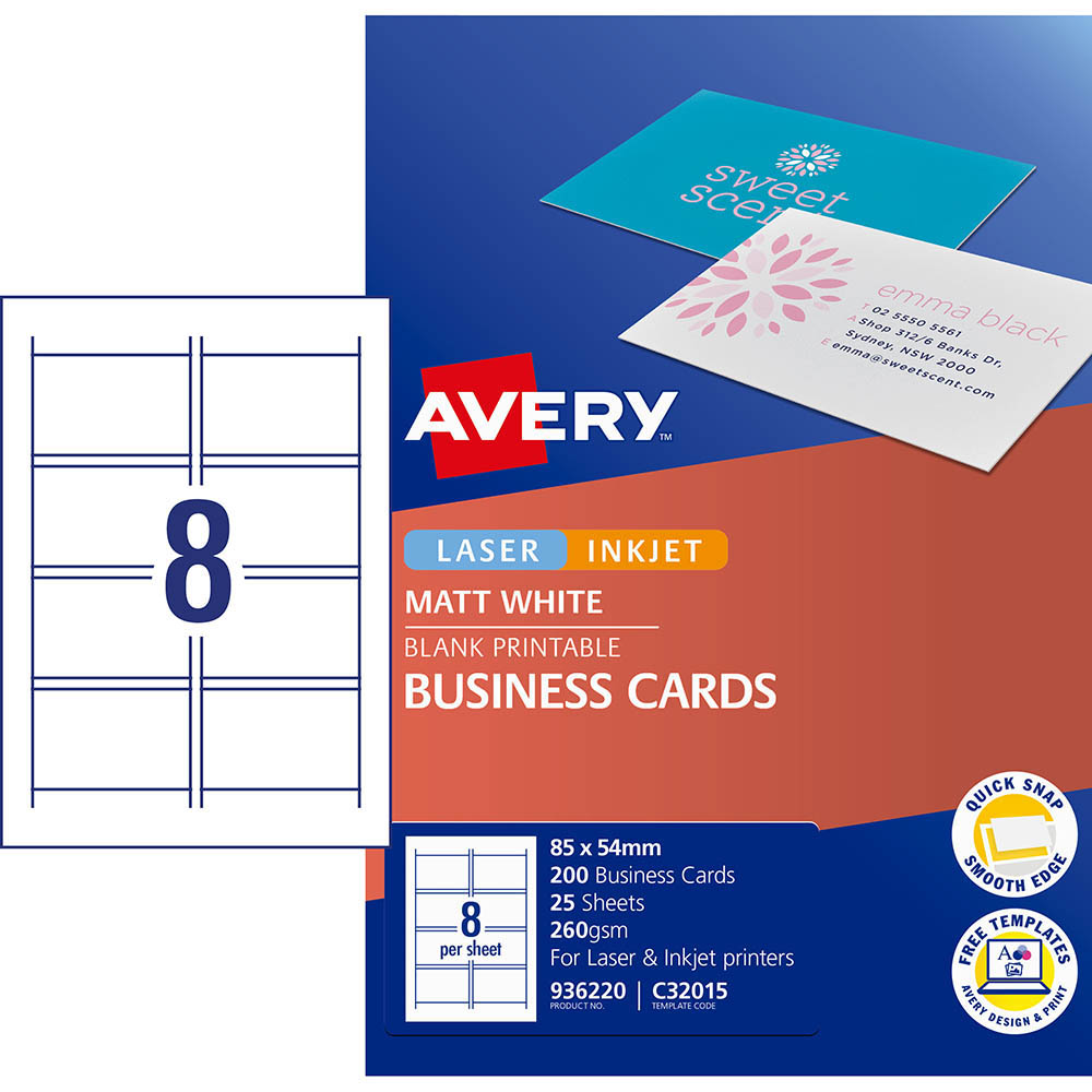 AVERY 936220 C32015 QUICK AND CLEAN BUSINESS CARDS INKJET MATT 250GSM PACK 200 |  | 7008530i