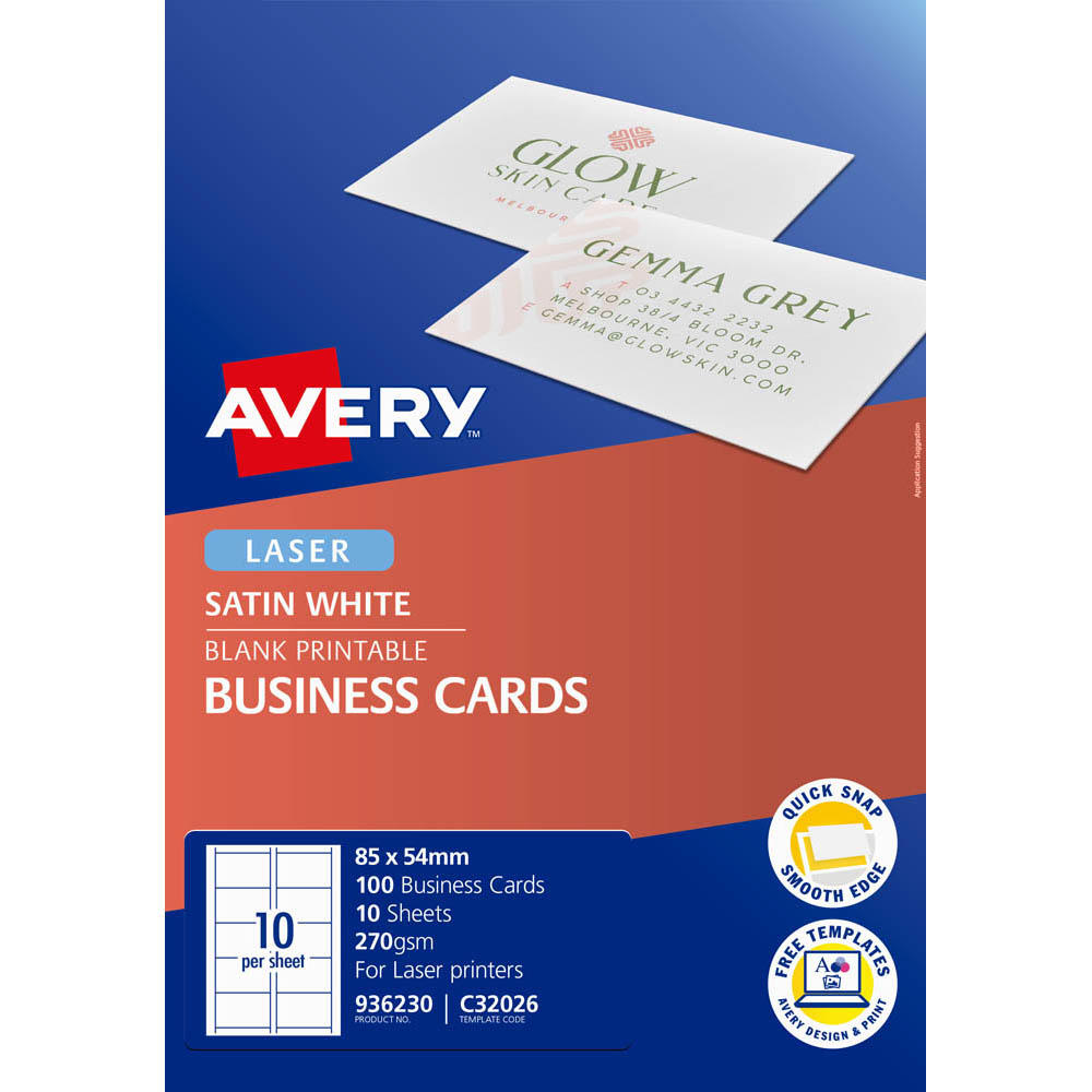 AVERY 936230 C32026 QUICK CLEAN BUSINESS CARD DOUBLE SIDED 270GSM 85 X 54MM SATIN WHITE PACK 100 |  | 7004085i
