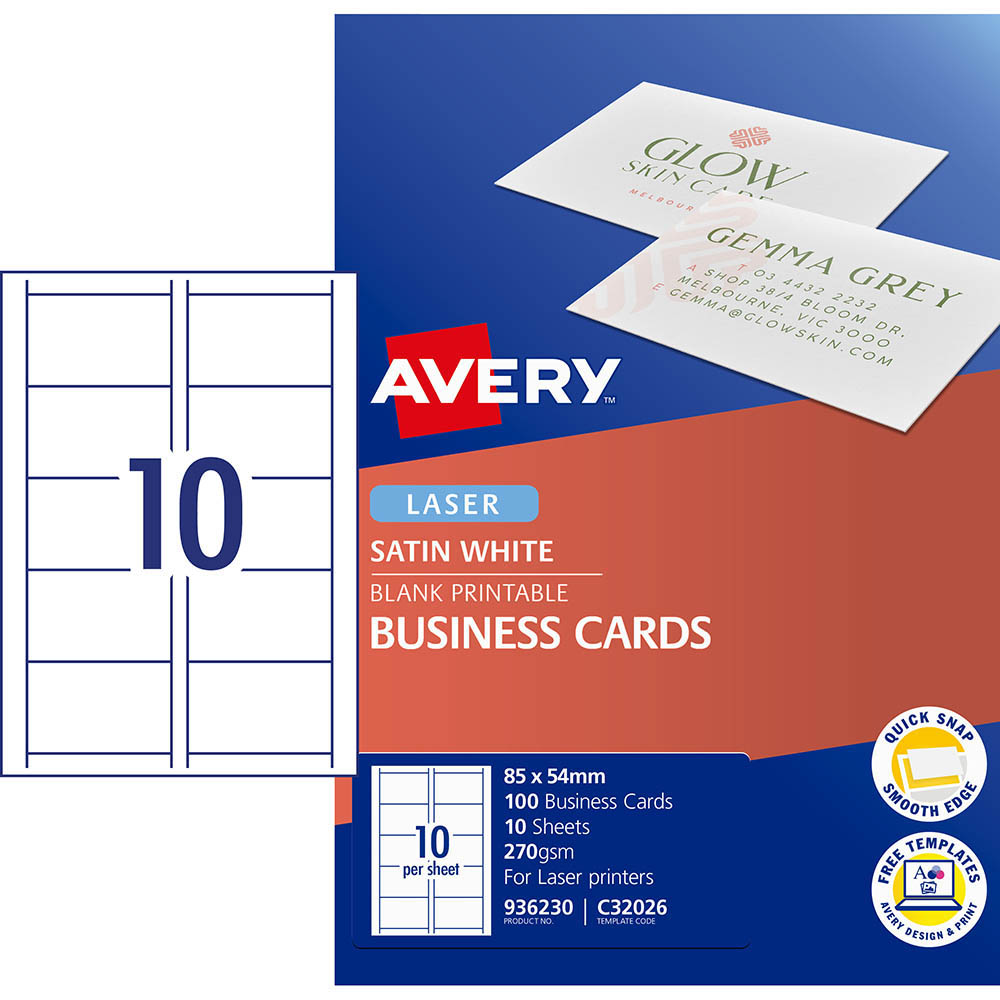 AVERY 936230 C32026 QUICK CLEAN BUSINESS CARD DOUBLE SIDED 270GSM 85 X 54MM SATIN WHITE PACK 100 |  | 7004085i