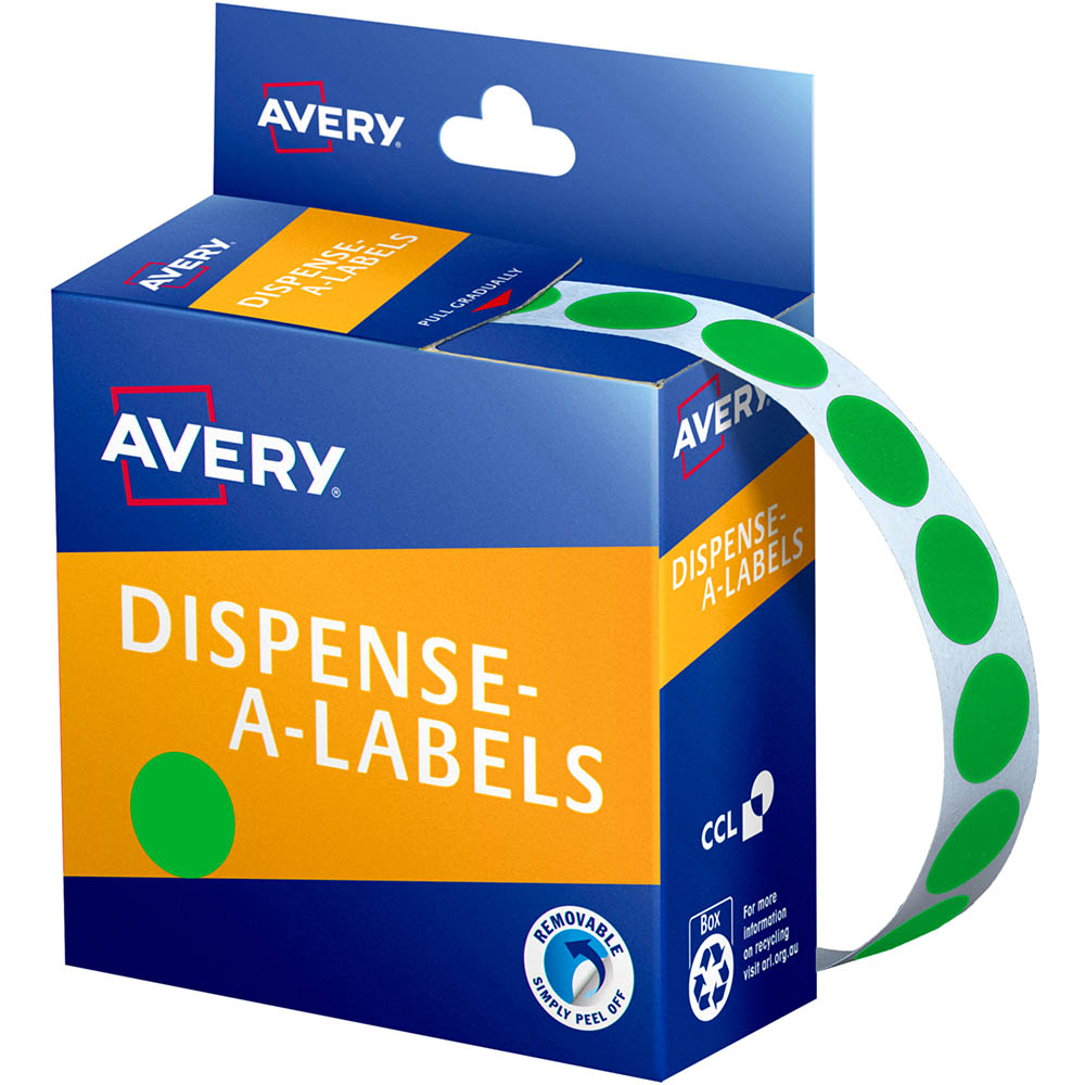 Image for AVERY 937375 ROUND LABEL DISPENSER 14MM GREEN BOX 1050 from Challenge Office Supplies