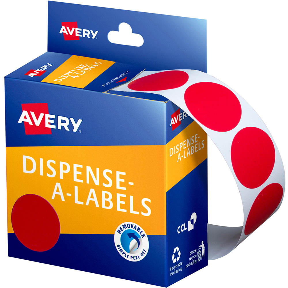 Image for AVERY 937243 ROUND LABEL DISPENSER 24MM RED BOX 500 from Merv's Stationery