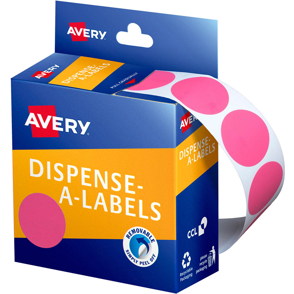 Image for AVERY 937249 ROUND LABEL DISPENSER 24MM PINK BOX 500 from Prime Office Supplies