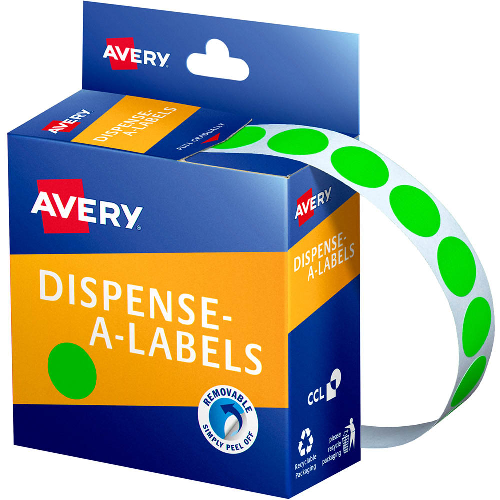 Image for AVERY 937296 ROUND LABEL DISPENSER 14MM FLUORO GREEN BOX 700 from Olympia Office Products