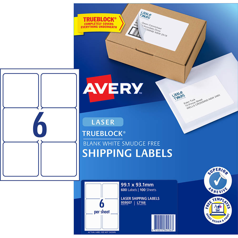 AVERY 959007 L7166 TRUEBLOCK SHIPPING LABEL LASER 6UP WHITE PACK 100 |  | 7011893i