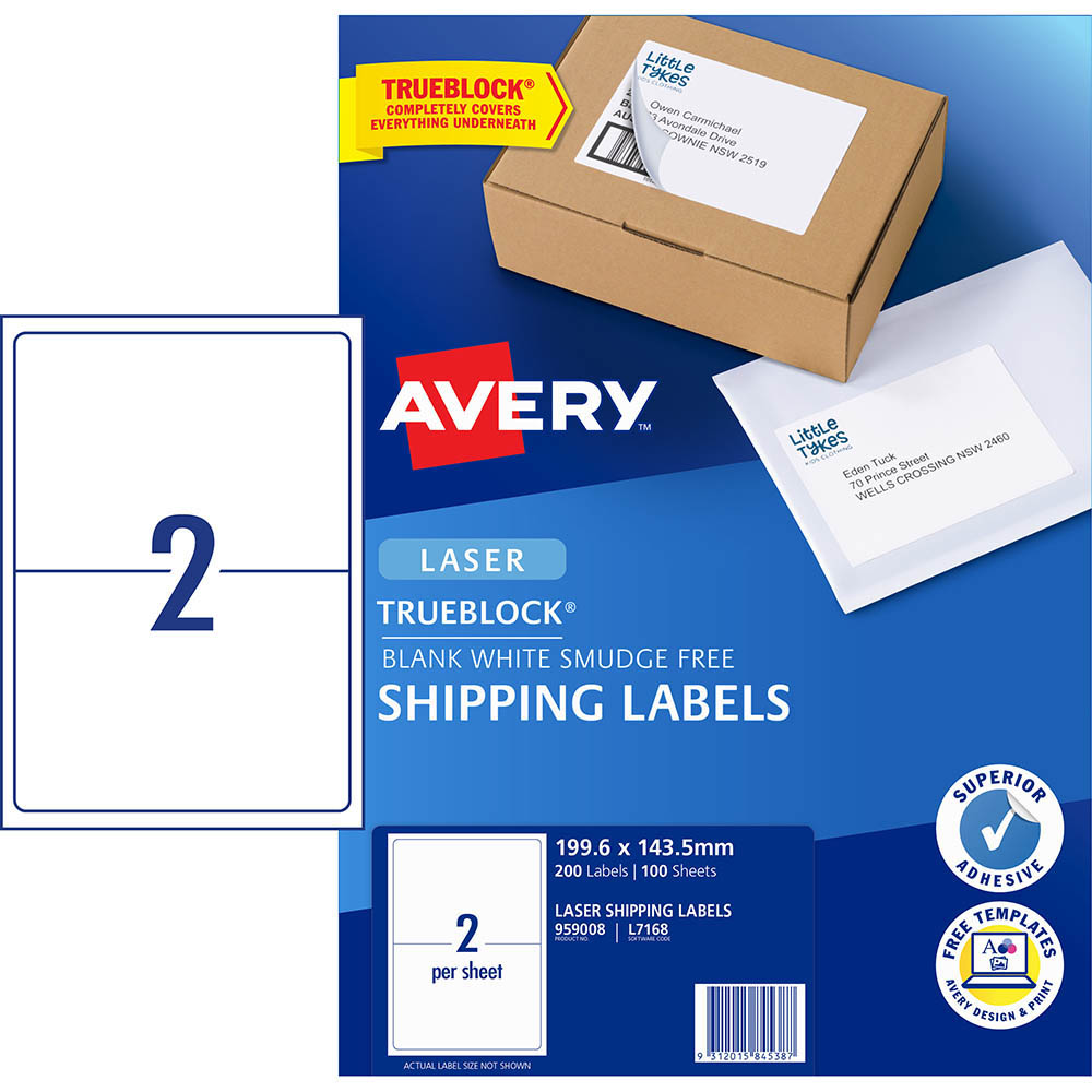 AVERY 959008 L7168 TRUEBLOCK SHIPPING LABEL LASER 2UP WHITE PACK 100 |  | 7005912i