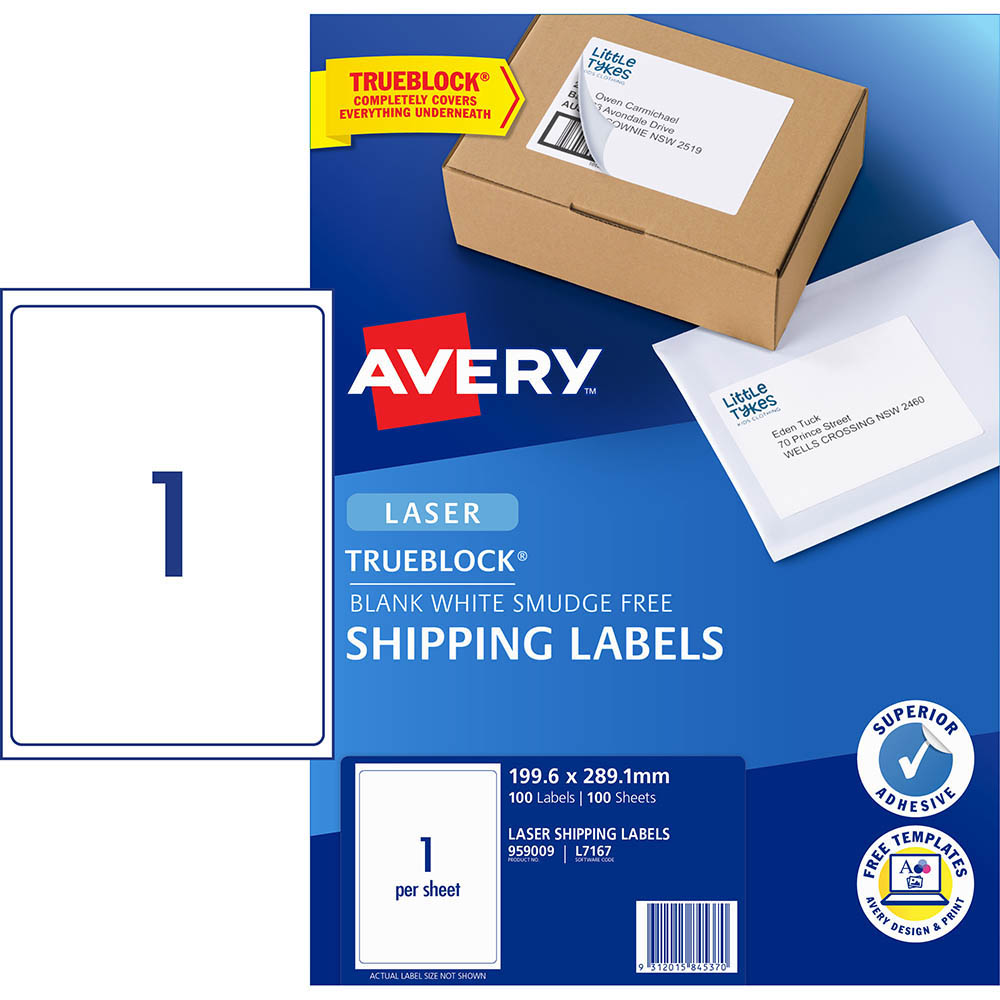 AVERY 959009 L7167 TRUEBLOCK SHIPPING LABEL LASER 1UP WHITE PACK 100 |  | 7011880i