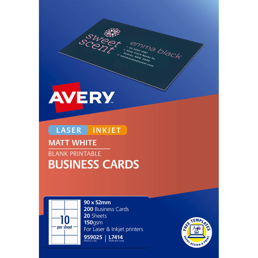 AVERY 959025 L7414 QUICK CLEAN BUSINESS CARD 150GSM 90 X 52MM MATTE WHITE PACK 200 |  | 7011904i