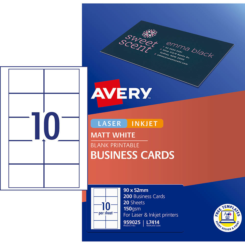 AVERY 959025 L7414 QUICK CLEAN BUSINESS CARD 150GSM 90 X 52MM MATTE WHITE PACK 200 |  | 7011904i