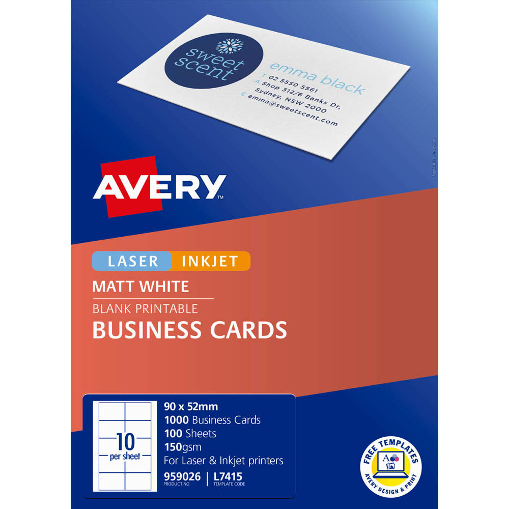 AVERY 959026 L7415 QUICK CLEAN BUSINESS CARD 150GSM 90 X 52MM MATTE WHITE PACK 1000 |  | 7007490