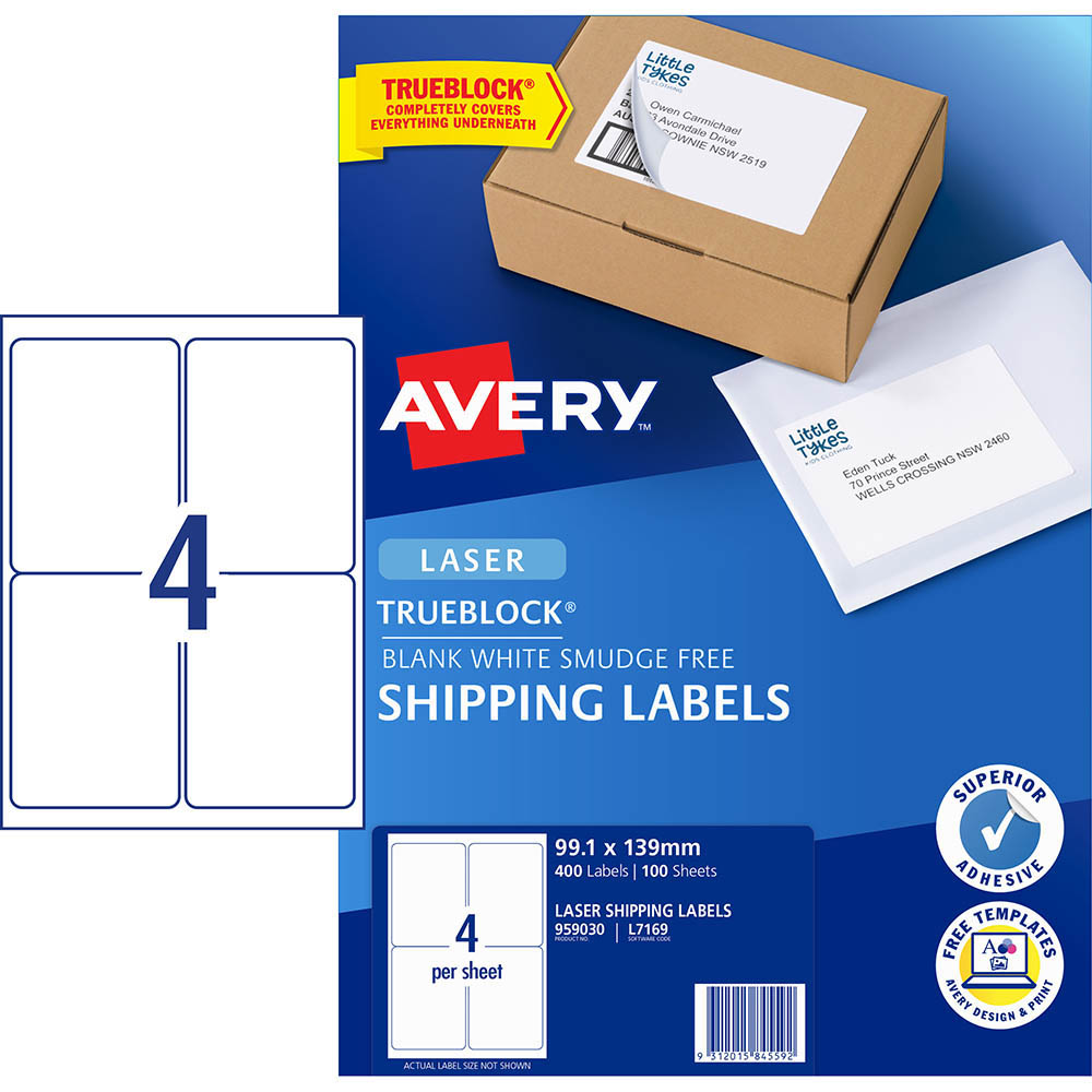 AVERY 959030 L7169 TRUEBLOCK SHIPPING LABEL LASER 4UP WHITE PACK 100 |  | 7006137i