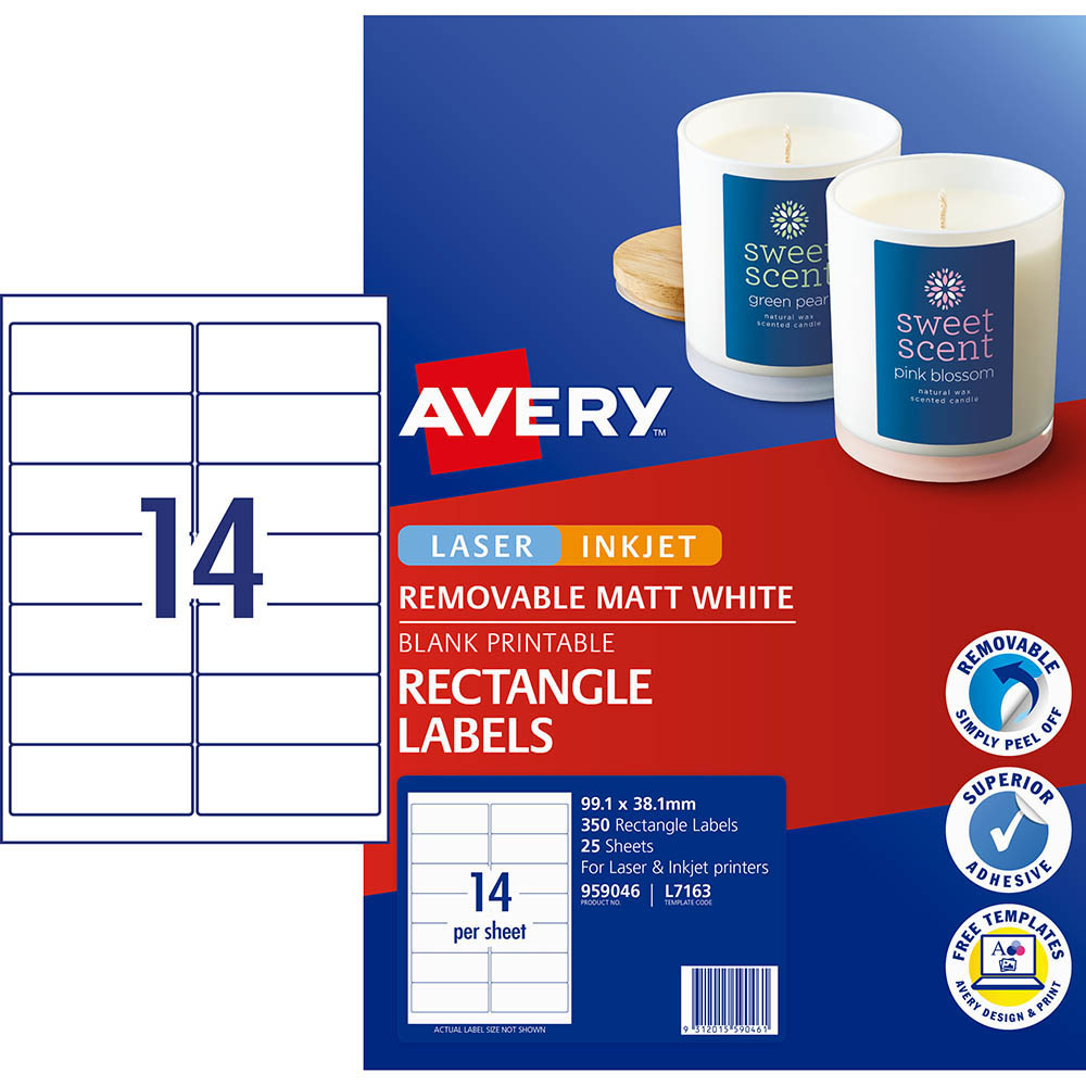 AVERY 959046 L7163REV REMOVABLE MULTI-PUROSE LABEL LASER/INKJET 14UP MATT WHITE PACK 25 |  | 7001765i