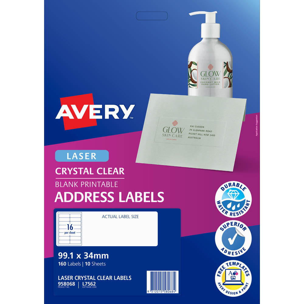AVERY 958068 L7562 CRYSTAL CLEAR ADDRESS LABEL LASER CLEAR 16UP PACK 10 |  | 7101578