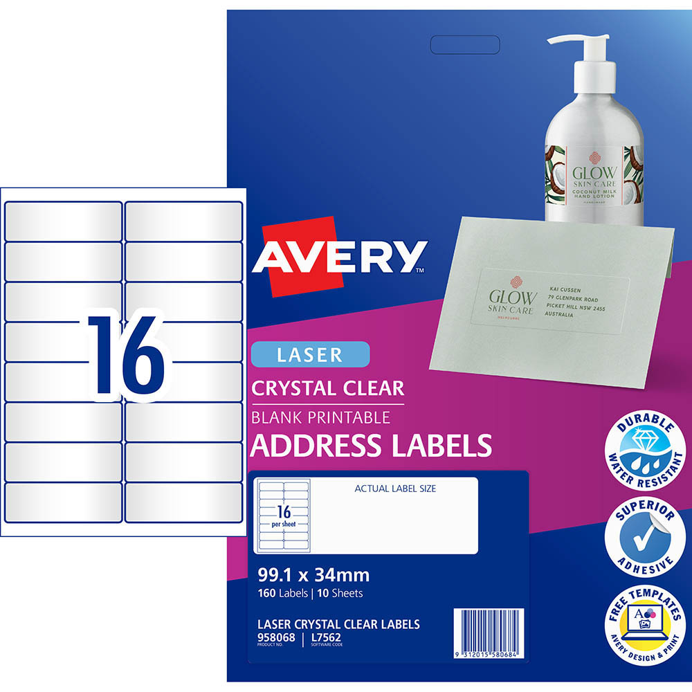 AVERY 958068 L7562 CRYSTAL CLEAR ADDRESS LABEL LASER CLEAR 16UP PACK 10 |  | 7101578