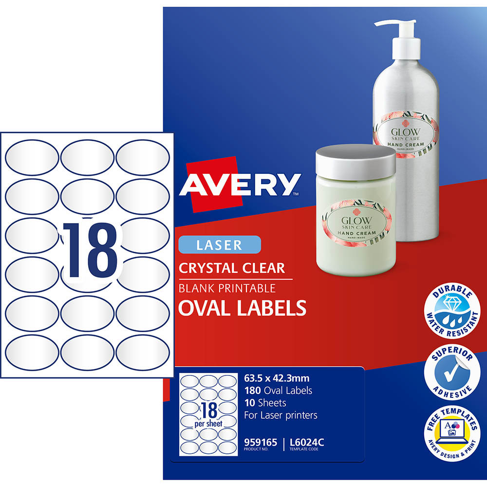 AVERY 959165 L6024C MULTI-PURPOSE LABELS OVAL CLEAR PACK 18 |  | 7022030i