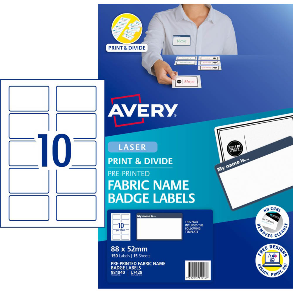 Image for AVERY L7428 FABRIC NAME BADGE LABELS 88 X 52MM PACK 15 from Prime Office Supplies