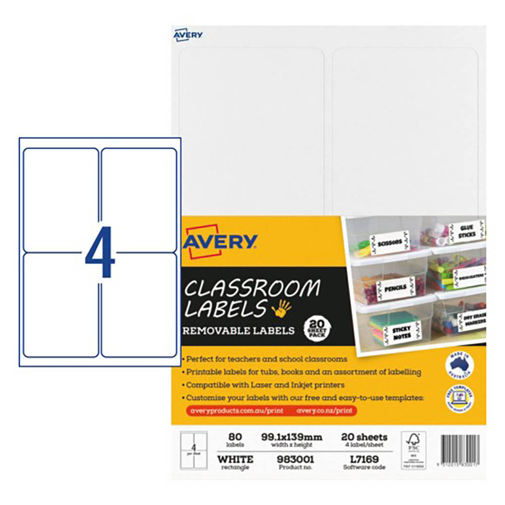 Image for AVERY 983001 CLASSROOM LABELS 99.1 X 139MM WHITE PACK 20 from Challenge Office Supplies