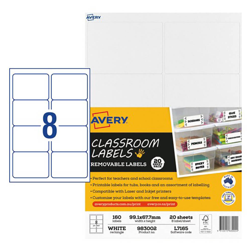 Image for AVERY 983002 CLASSROOM LABELS 99.1 X 67.7MM WHITE PACK 20 from Australian Stationery Supplies