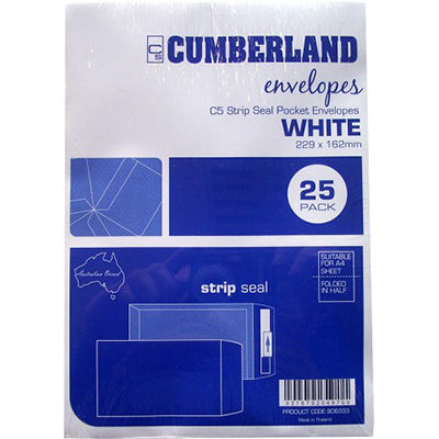 Image for CUMBERLAND C5 ENVELOPES POCKET PLAINFACE STRIP SEAL 85GSM 162 X 229MM WHITE PACK 25 from Prime Office Supplies