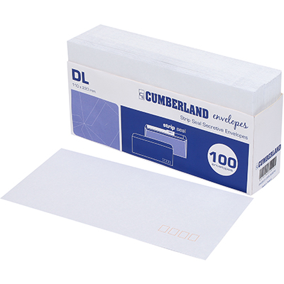 CUMBERLAND DL ENVELOPES SECRETIVE WALLET PLAINFACE STRIP SEAL POST OFFICE SQUARES 80GSM 110 X 220MM WHITE TRAY 100 |  | 7008601i