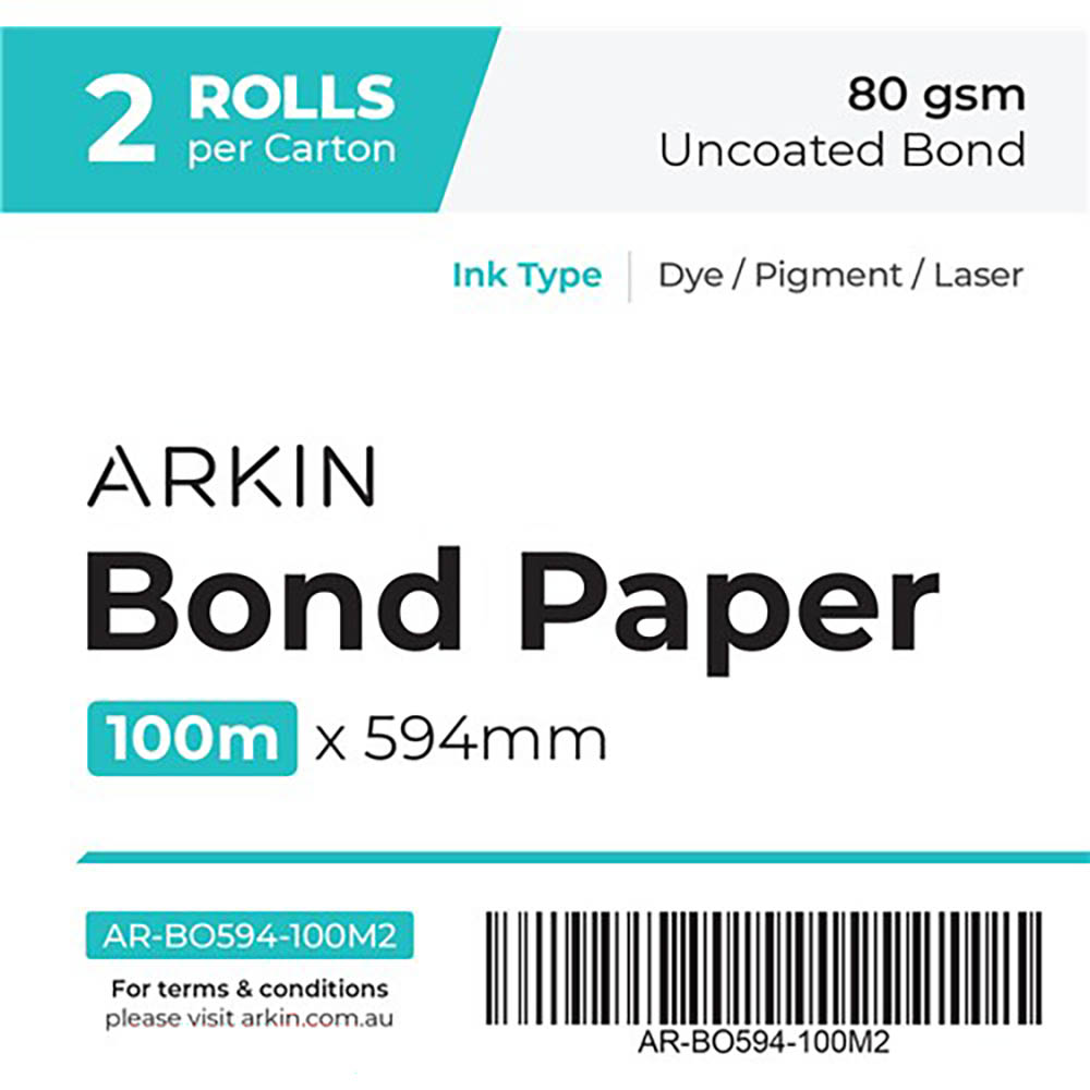 Image for ARKIN BOND PAPER 80GSM 100M X 594MM 2 ROLLS from Memo Office and Art