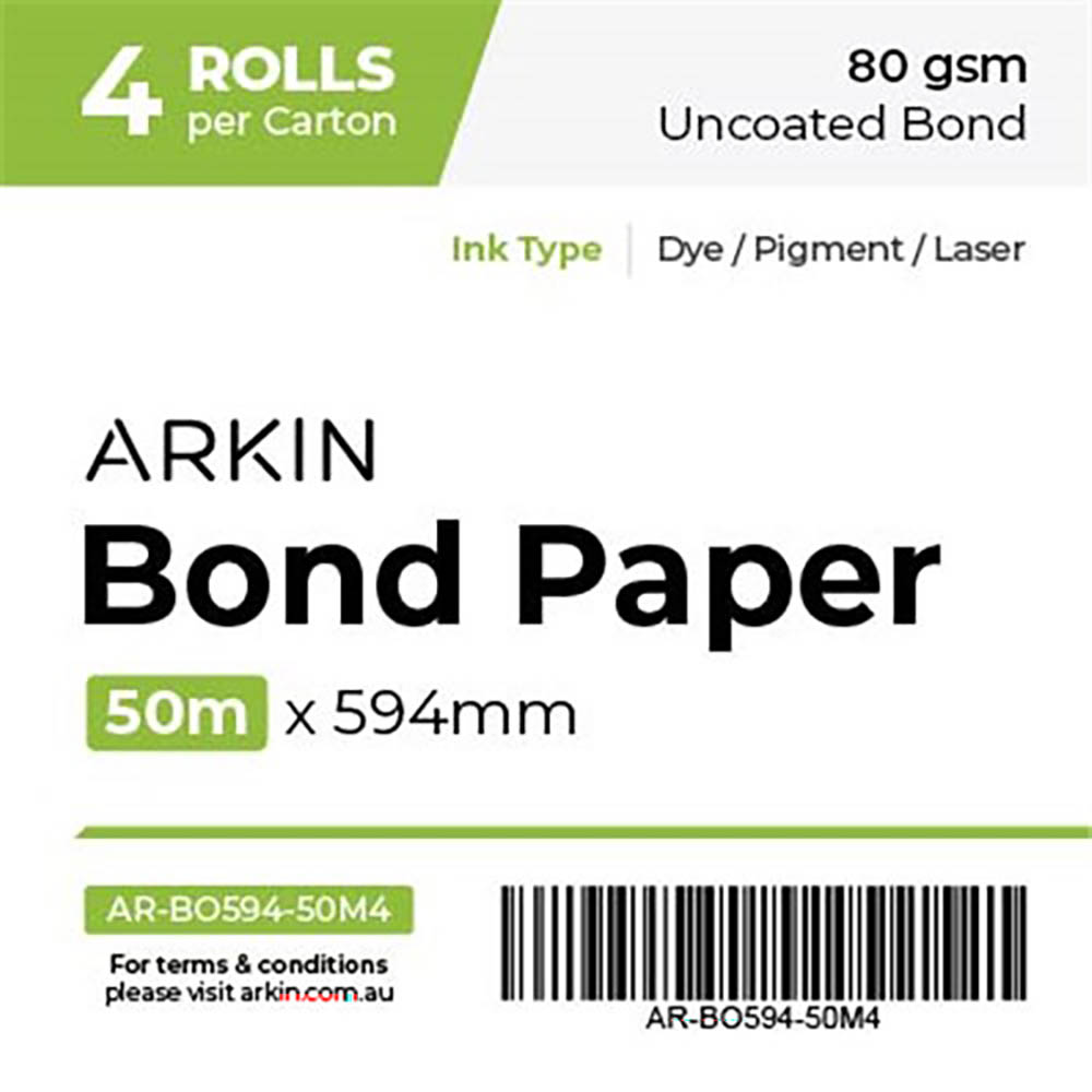 Image for ARKIN BOND PAPER 80GSM 50M X 594MM 4 ROLLS from Mitronics Corporation