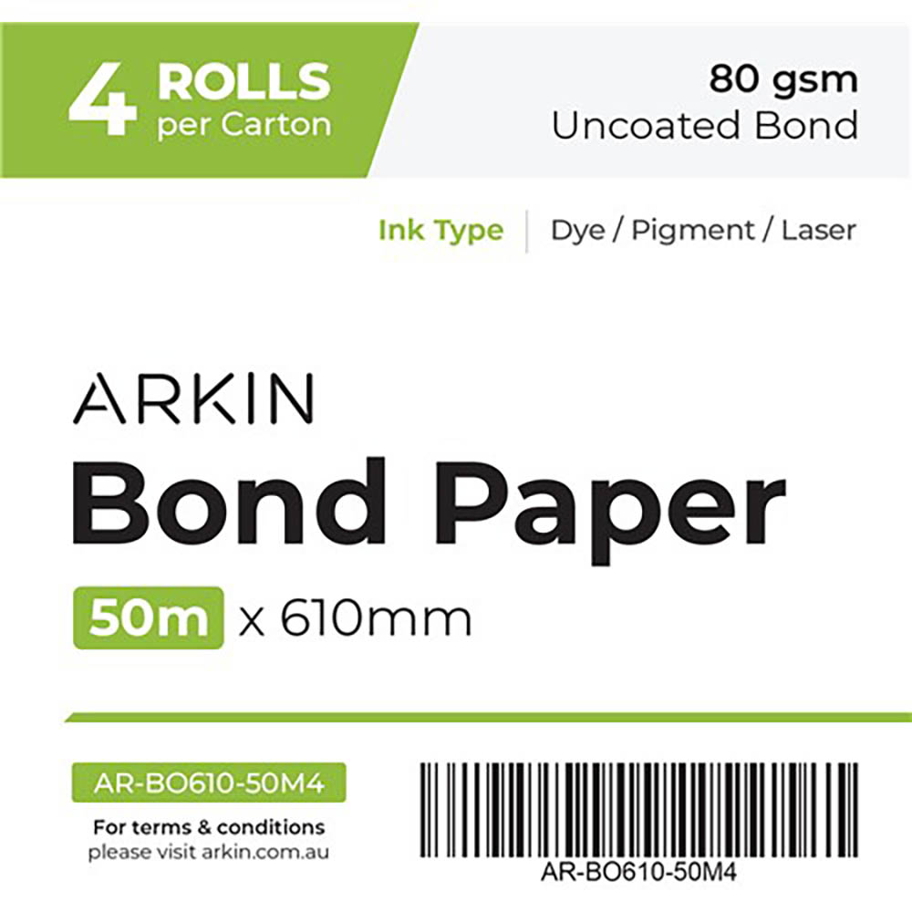 Image for ARKIN BOND PAPER 80GSM 50M X 610MM 4 ROLLS from Mitronics Corporation