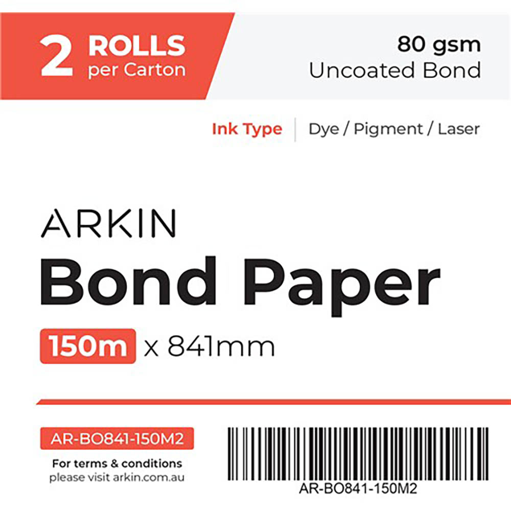 Image for ARKIN BOND PAPER 80GSM 150M X 841MM 2 ROLLS from Positive Stationery