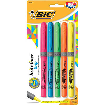 Image for BIC BRITELINER GRIP HIGHLIGHTER PEN STYLE CHISEL ASSORTED PACK 5 from Mitronics Corporation